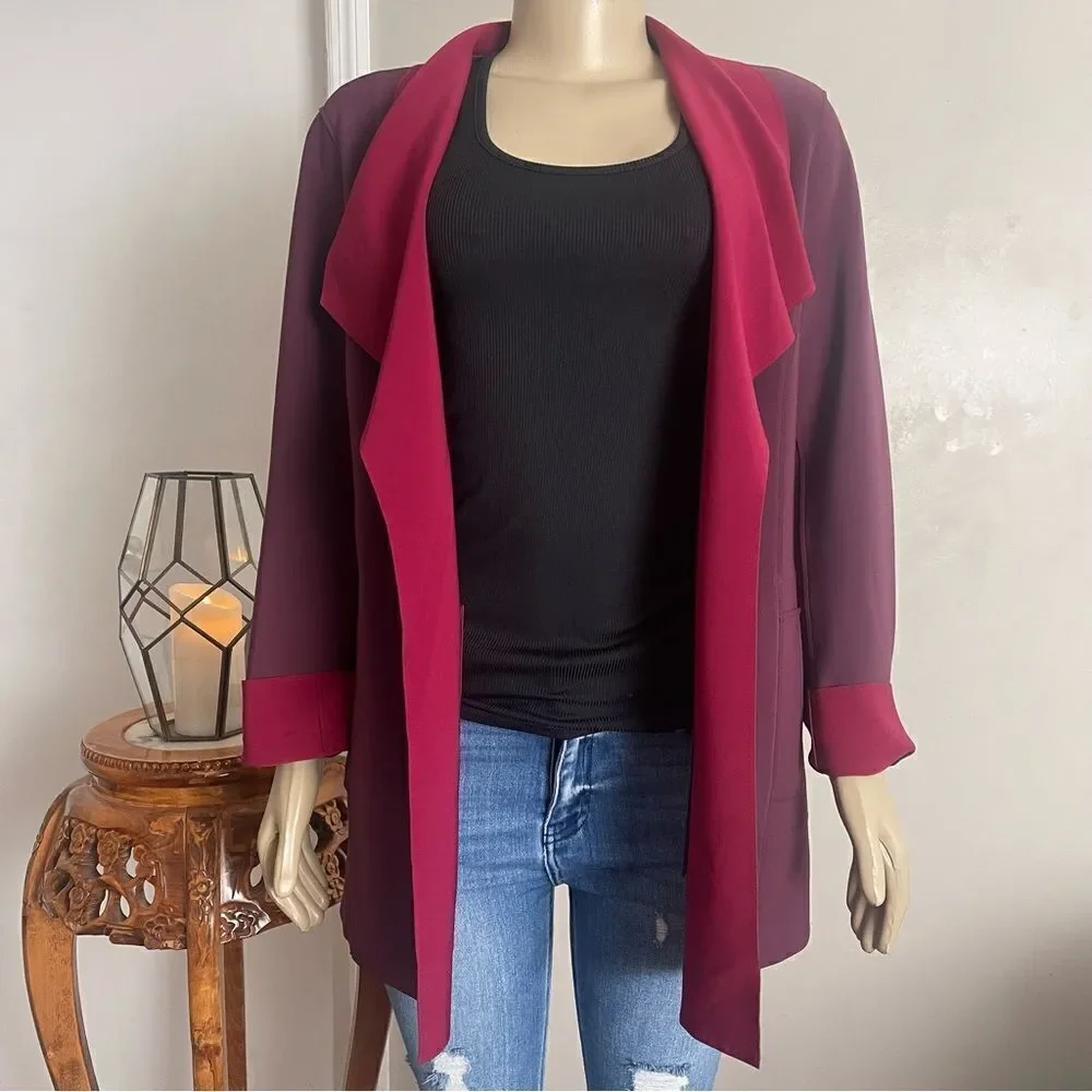 Chicos Travelers Sz 1 (Med 8-10)‎ Open Front Jacket Deep Merlot Blazer Pockets